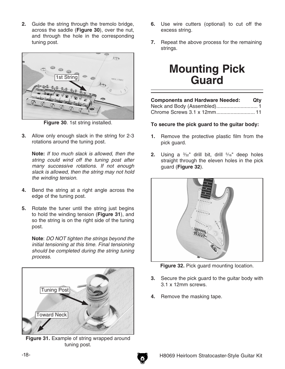 Mounting pick guard | Grizzly Heirloom Strarocaster-Style Kit BL8551 User Manual | Page 20 / 36