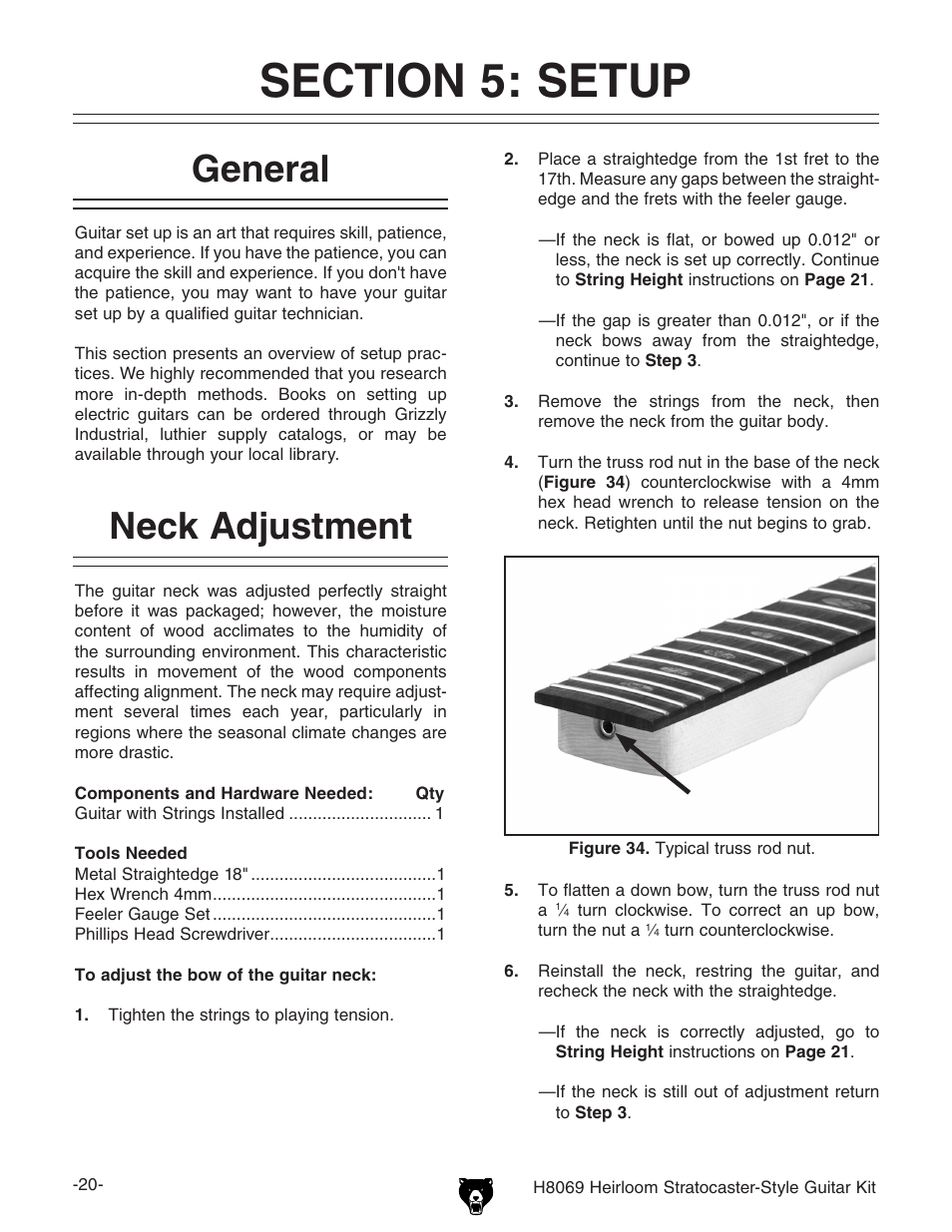 General, Neck adjustment | Grizzly Heirloom Strarocaster-Style Kit BL8551 User Manual | Page 22 / 36
