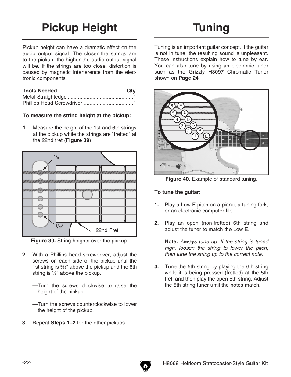 Pickup height, Tuning | Grizzly Heirloom Strarocaster-Style Kit BL8551 User Manual | Page 24 / 36