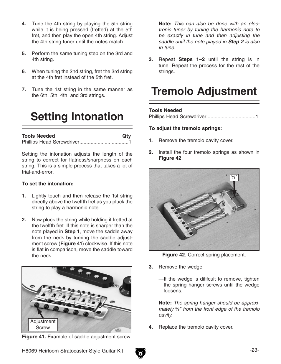 Setting intonation, Tremolo adjustment | Grizzly Heirloom Strarocaster-Style Kit BL8551 User Manual | Page 25 / 36