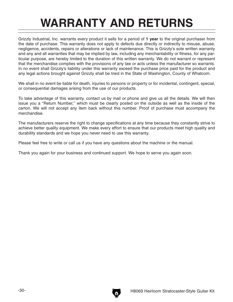 Warranty and returns | Grizzly Heirloom Strarocaster-Style Kit BL8551 User Manual | Page 32 / 36