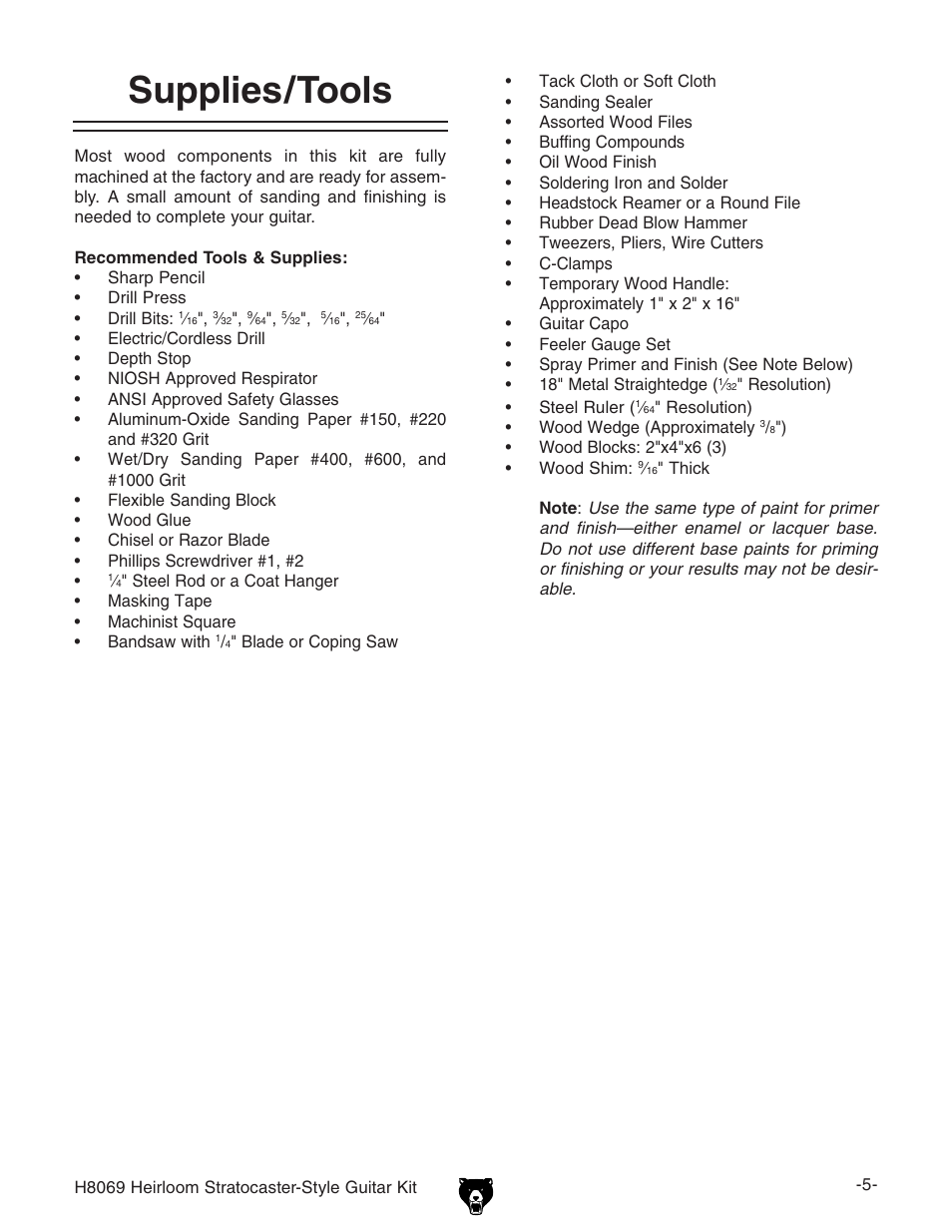 Supplies/tools | Grizzly Heirloom Strarocaster-Style Kit BL8551 User Manual | Page 7 / 36
