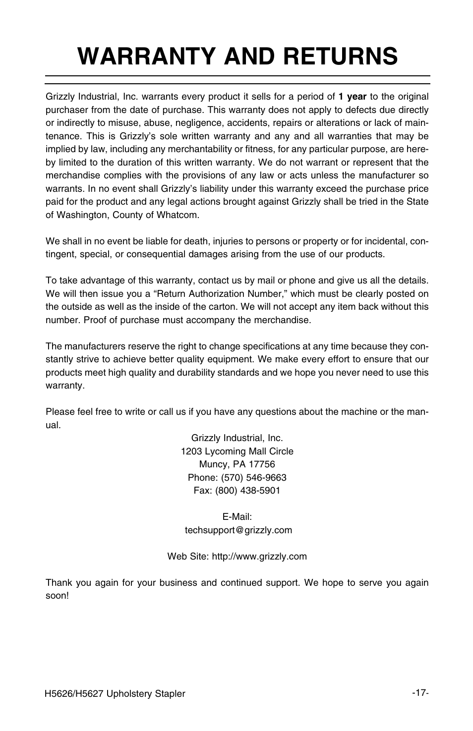 Warranty and returns | Grizzly H5626/7 User Manual | Page 18 / 20