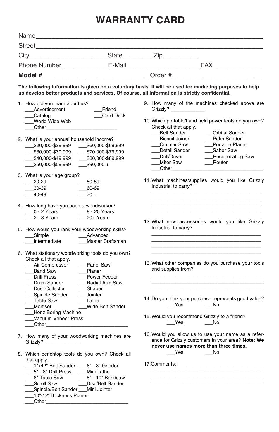 Warranty card, Name, Street | City, State, Phone number, E-mail, Model, Order | Grizzly H5626/7 User Manual | Page 19 / 20