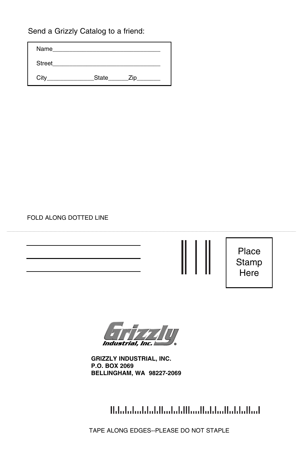 Place stamp here | Grizzly H5626/7 User Manual | Page 20 / 20