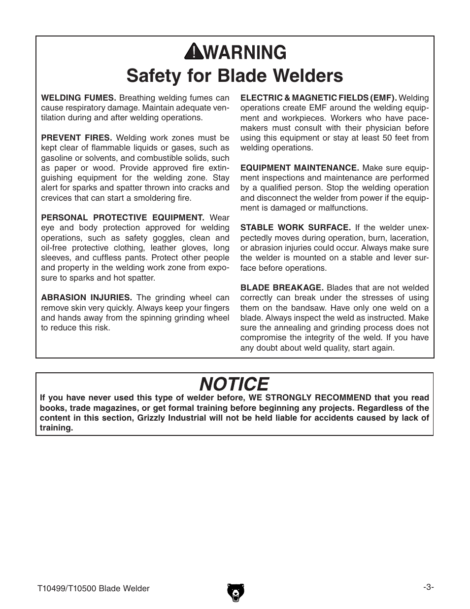 Safety for blade welders | Grizzly Portable Blade T10499 User Manual | Page 3 / 20