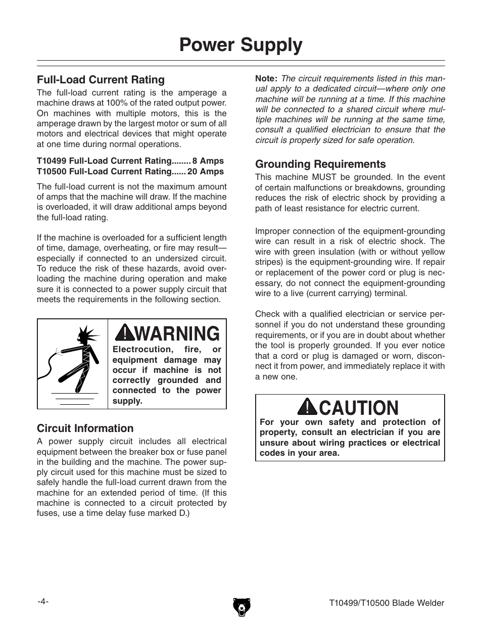 Power supply | Grizzly Portable Blade T10499 User Manual | Page 4 / 20