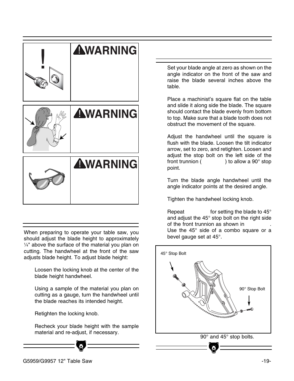 Blade height blade tilt | Grizzly G9957 User Manual | Page 21 / 52