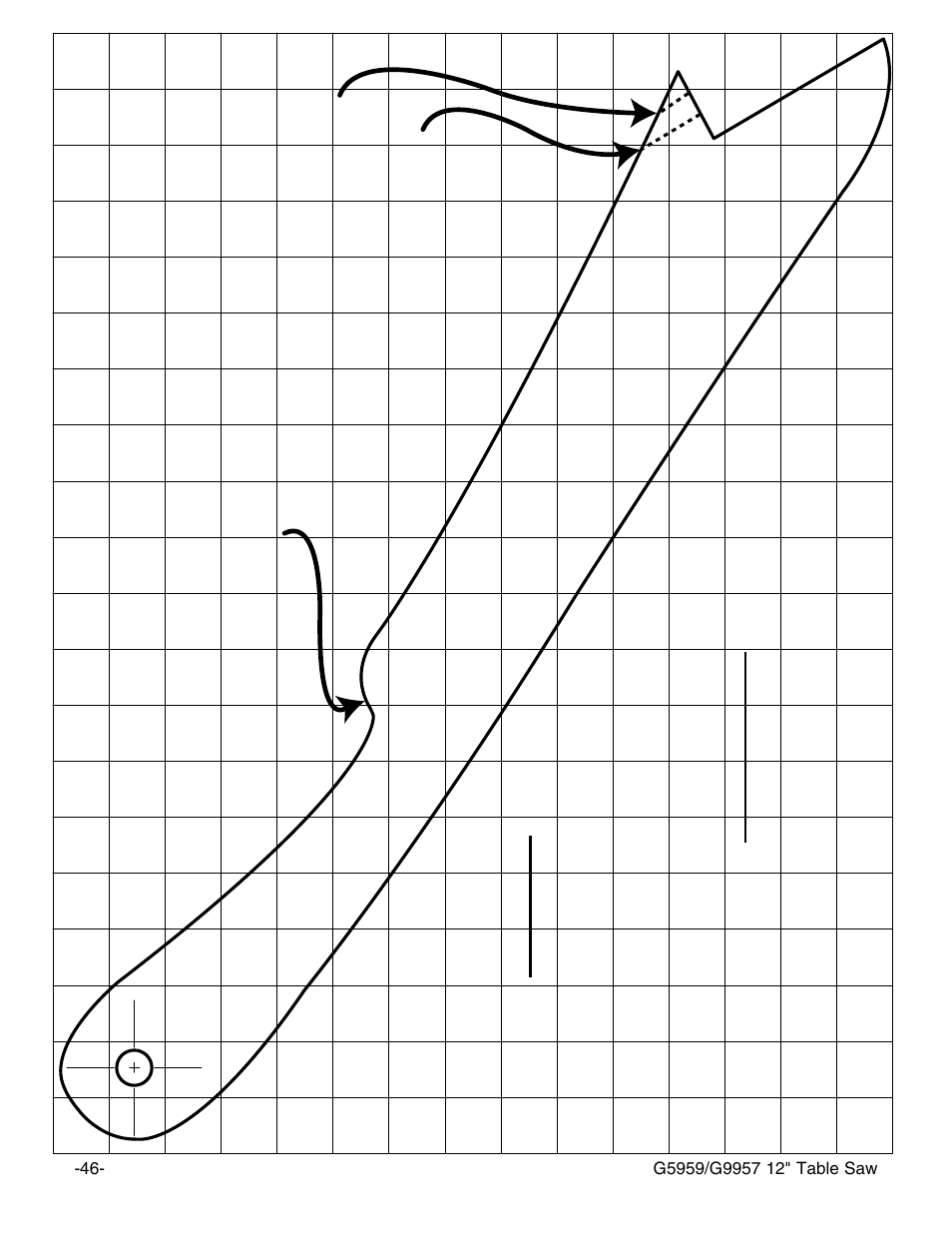 Push stick make from, Grid cut here to push, Wood cut here to push | Wood notch to help prevent hand from slipping | Grizzly G9957 User Manual | Page 48 / 52