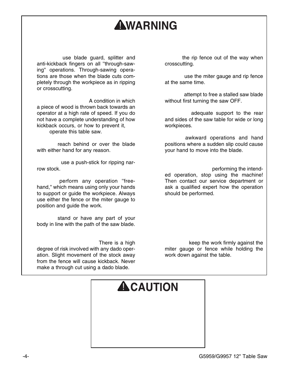 Additional safety instructions for table saws | Grizzly G9957 User Manual | Page 6 / 52