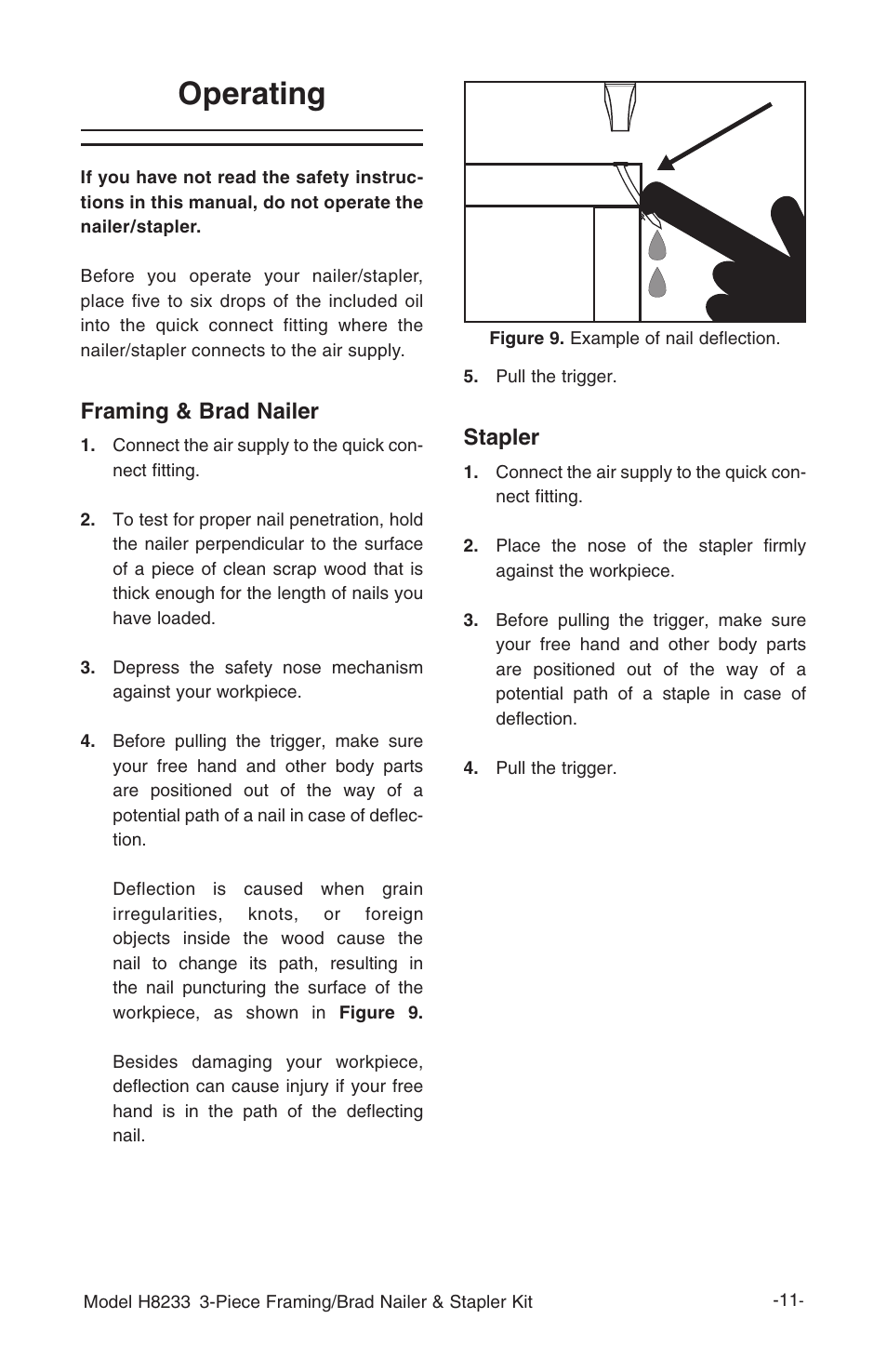 Operating, Framing & brad nailer, Stapler | Grizzly H8233 User Manual | Page 13 / 24