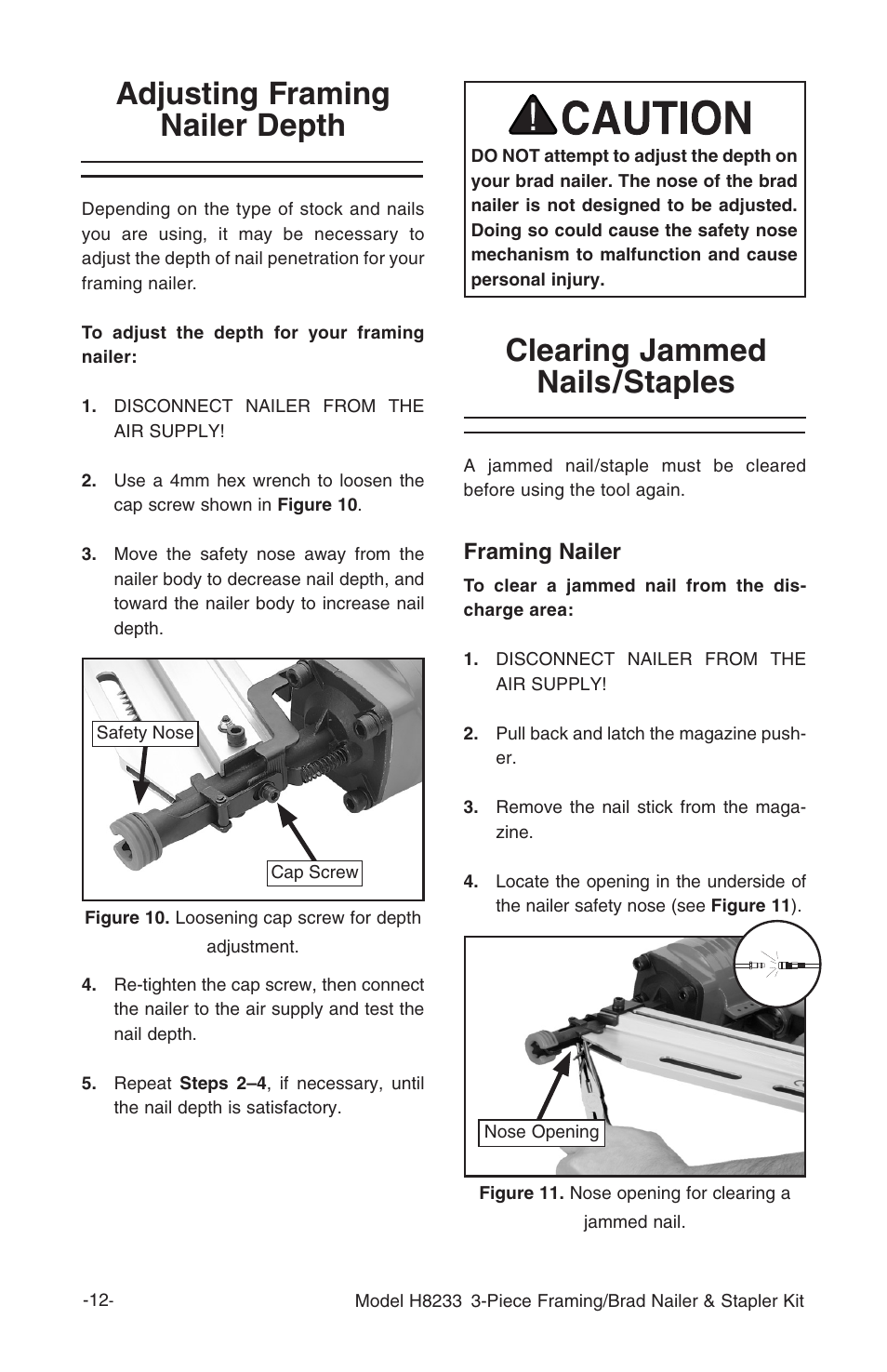Clearing jammed nails/staples, Adjusting framing nailer depth, Framing nailer | Grizzly H8233 User Manual | Page 14 / 24