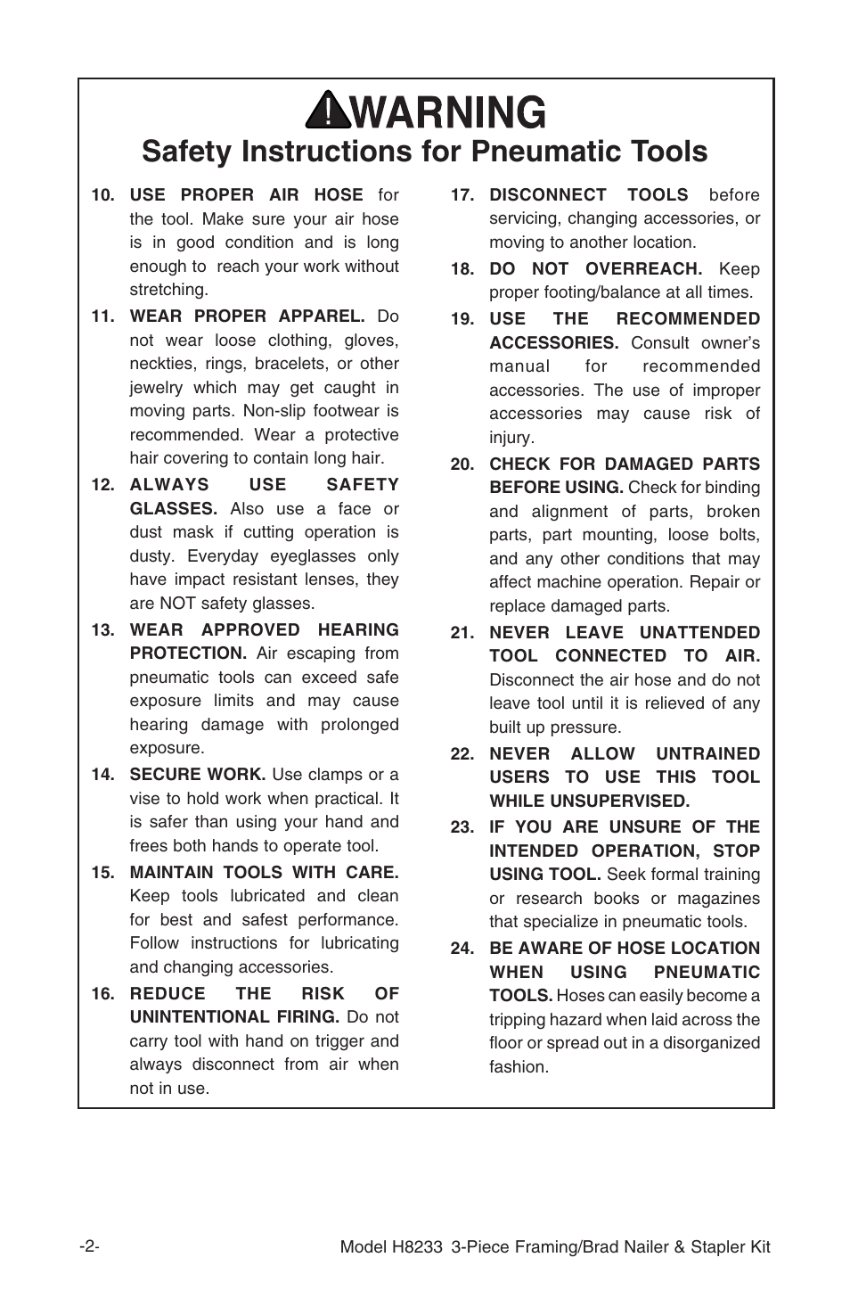 Safety instructions for pneumatic tools | Grizzly H8233 User Manual | Page 4 / 24