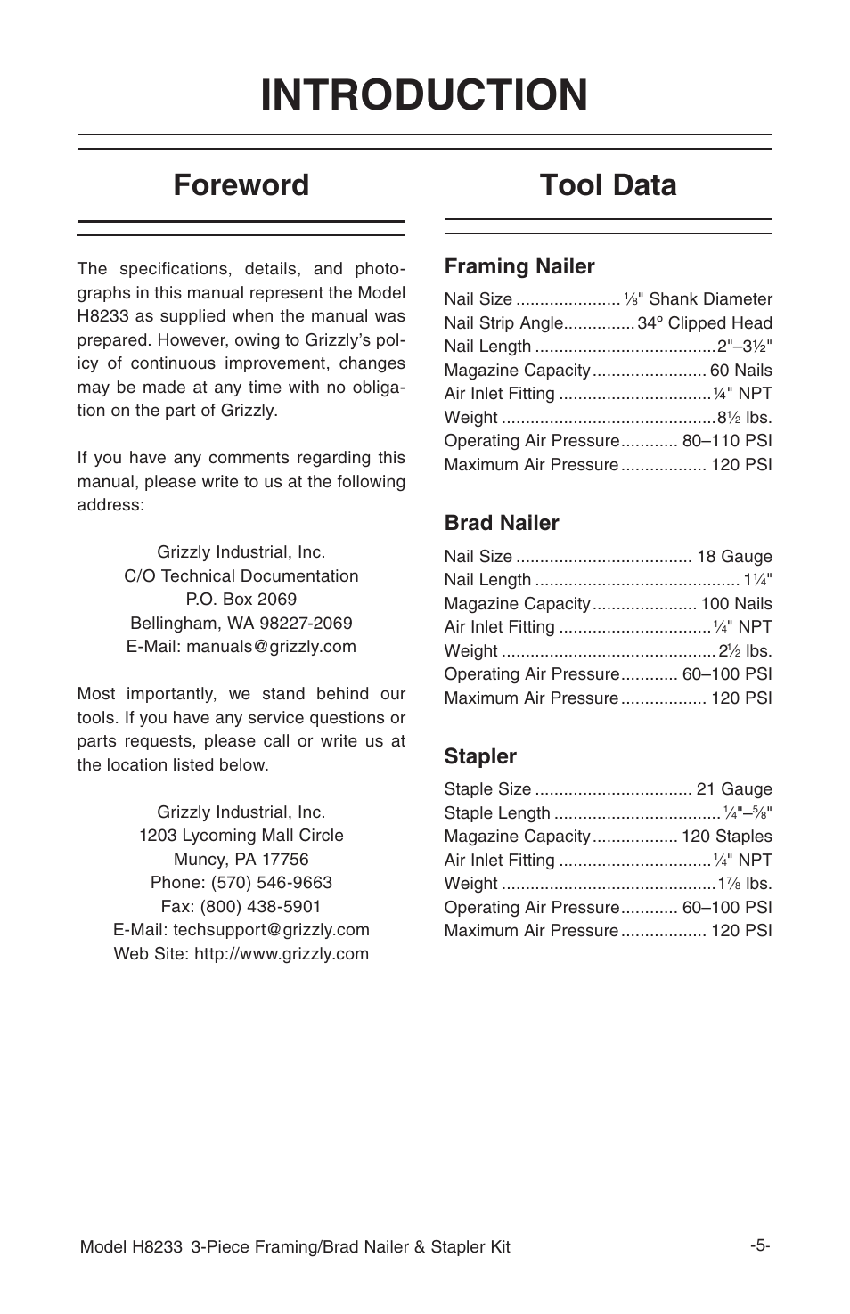 Introduction, Foreword tool data, Framing nailer | Brad nailer, Stapler | Grizzly H8233 User Manual | Page 7 / 24