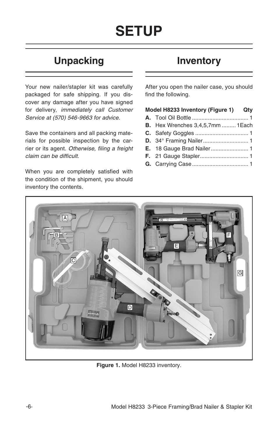Setup, Inventory, Unpacking | Grizzly H8233 User Manual | Page 8 / 24