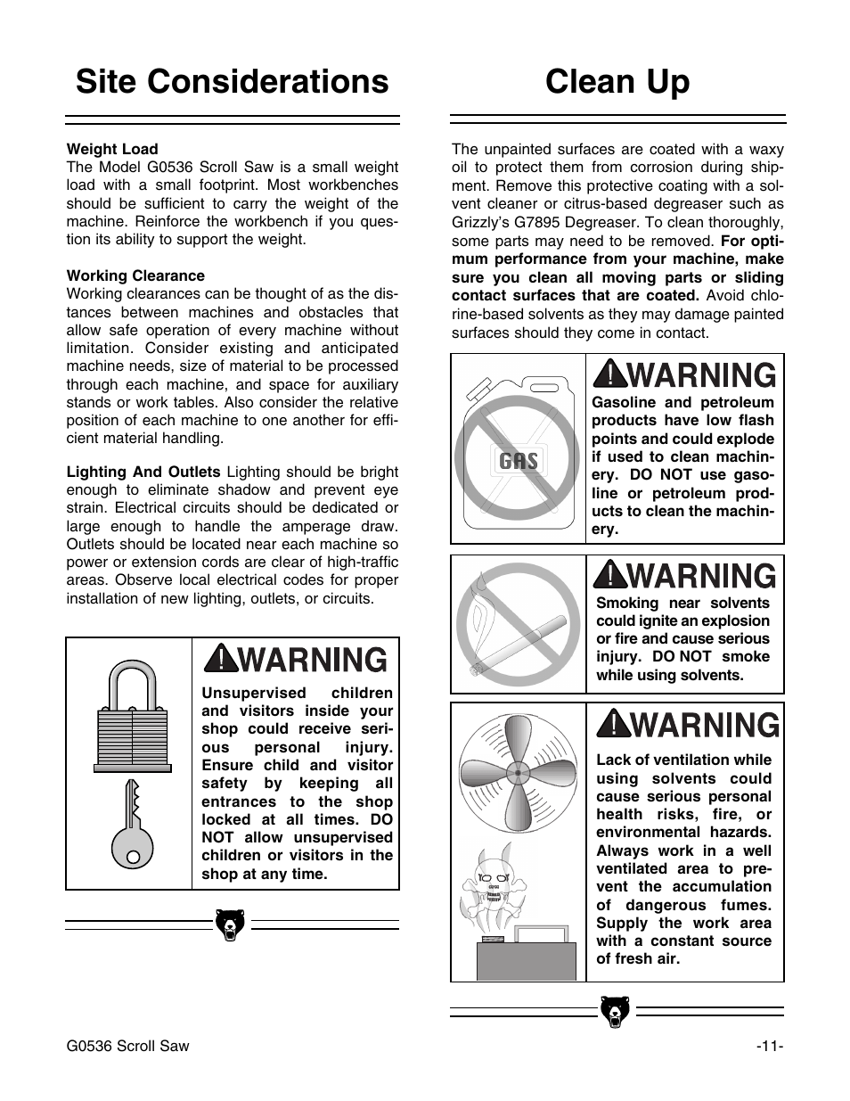 Clean up site considerations | Grizzly Model G0536 User Manual | Page 13 / 31