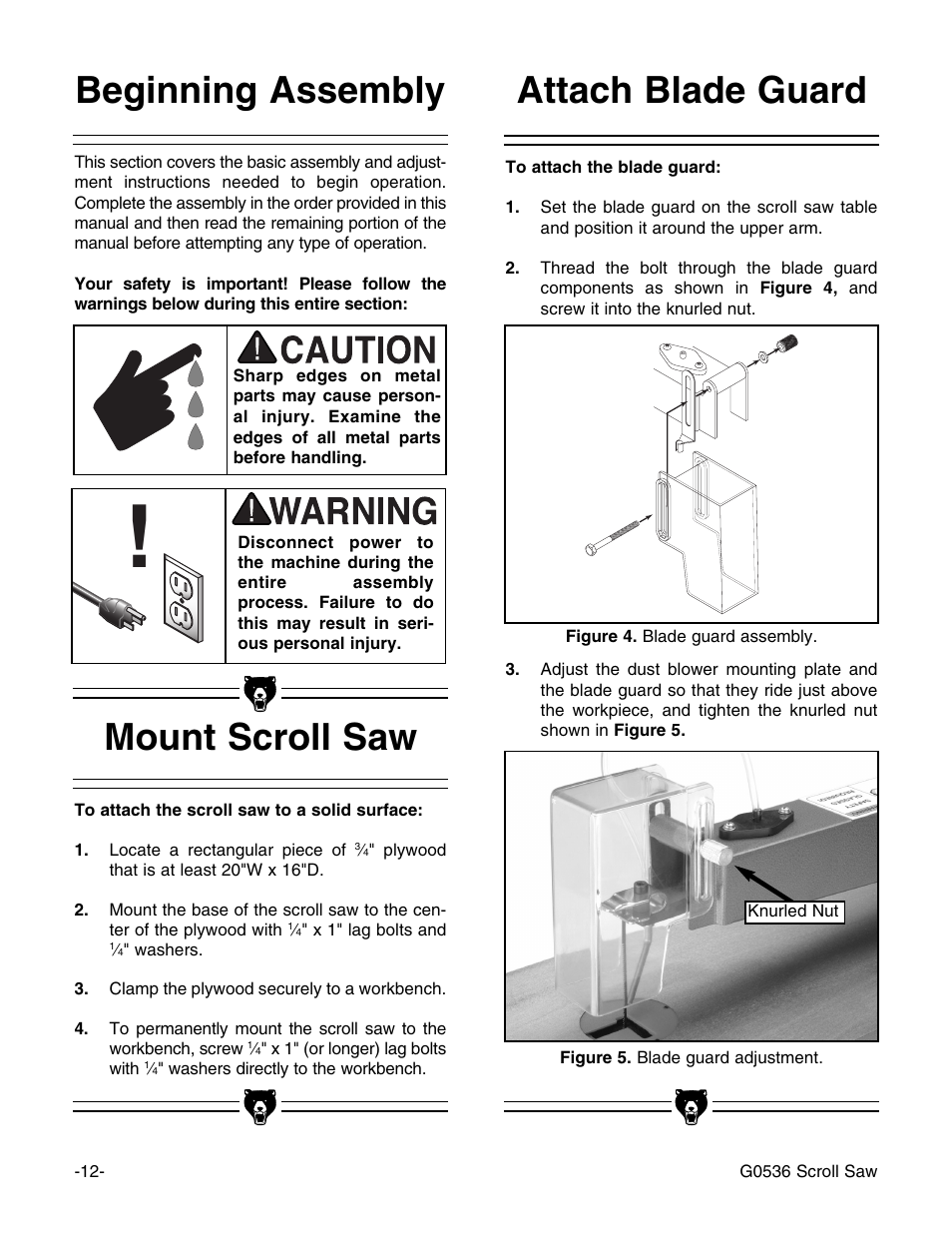 Mount scroll saw, Attach blade guard beginning assembly | Grizzly Model G0536 User Manual | Page 14 / 31