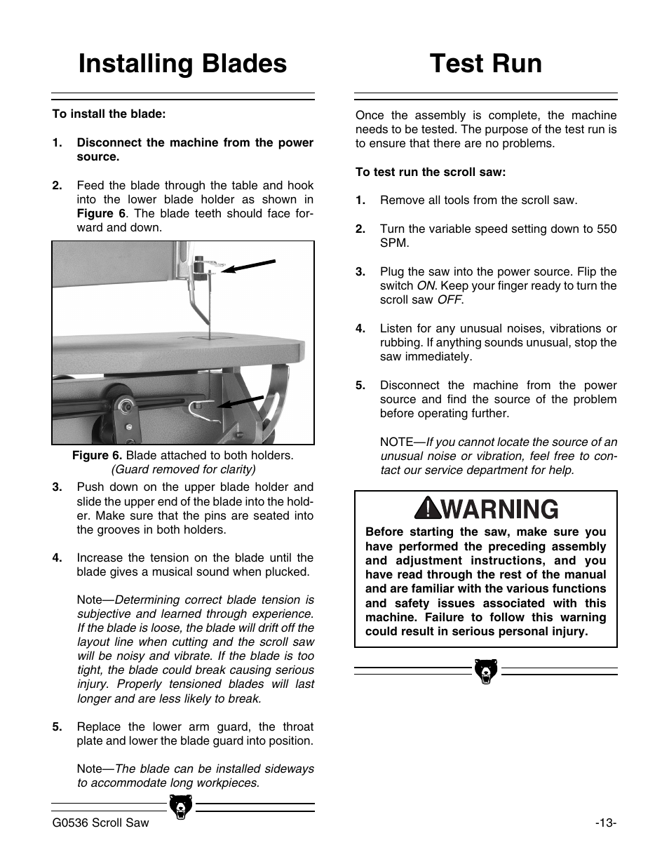 Test run installing blades | Grizzly Model G0536 User Manual | Page 15 / 31