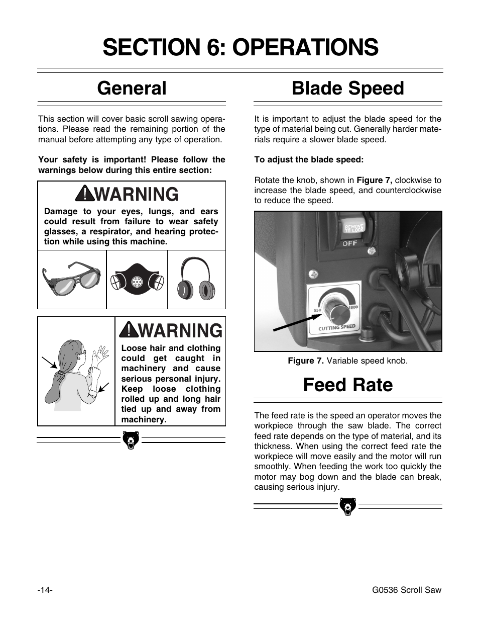 Feed rate, Blade speed general | Grizzly Model G0536 User Manual | Page 16 / 31