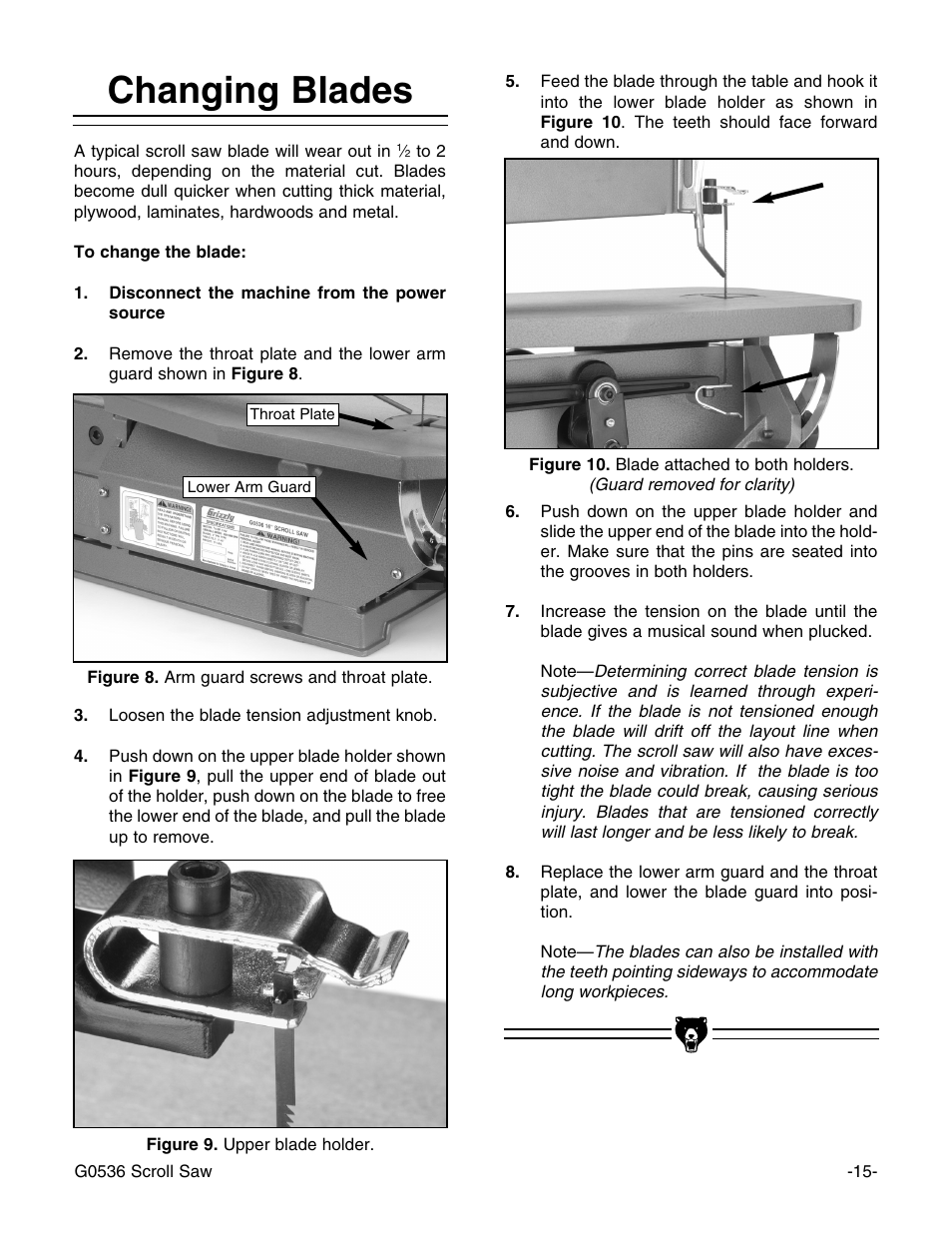 Changing blades | Grizzly Model G0536 User Manual | Page 17 / 31