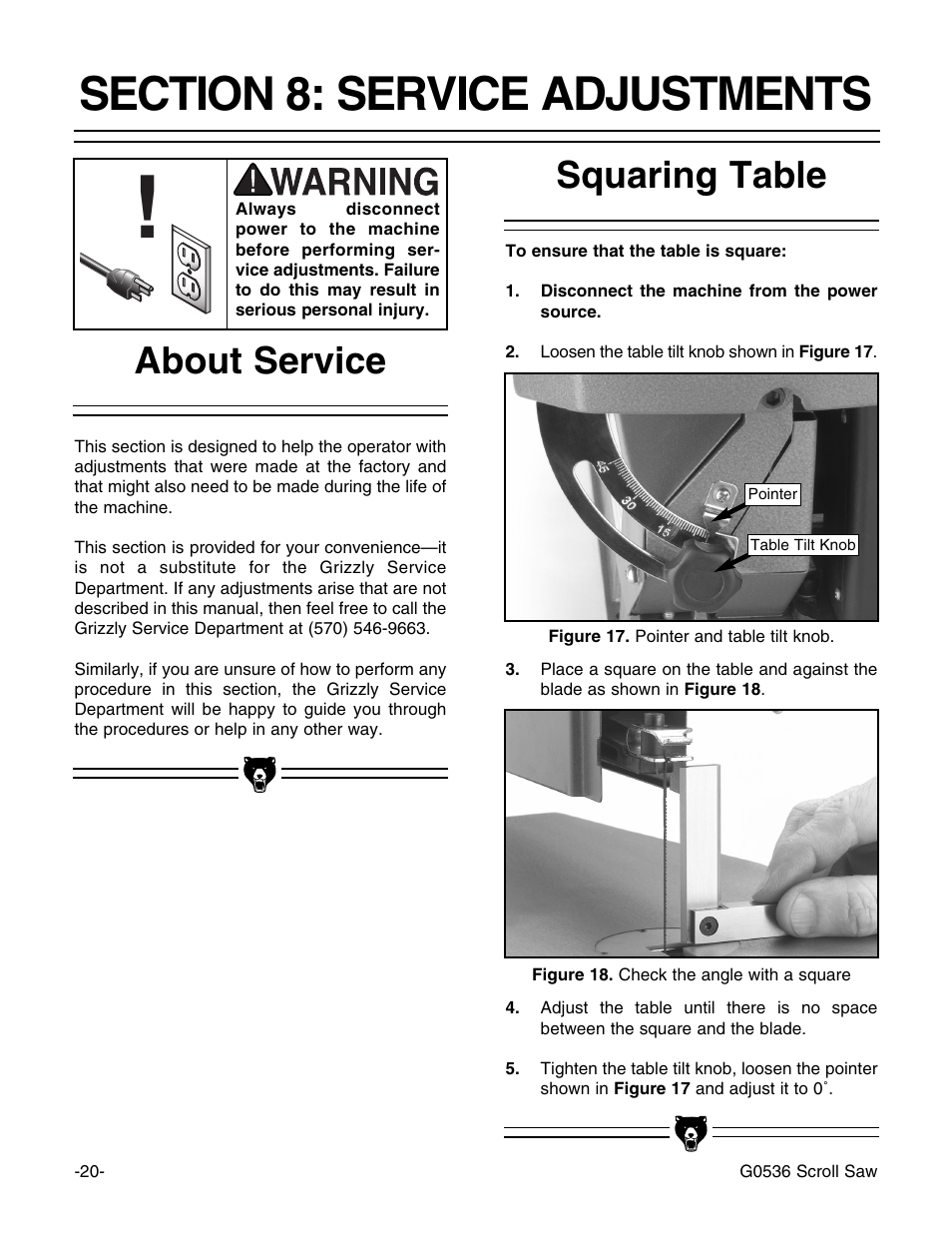 Squaring table about service | Grizzly Model G0536 User Manual | Page 22 / 31