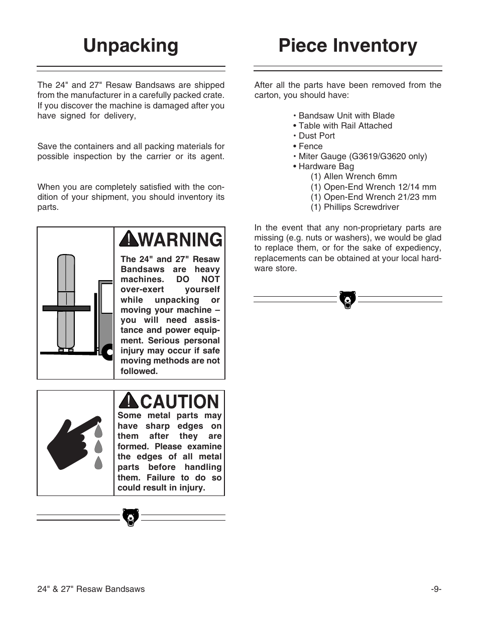 Piece inventory, Unpacking | Grizzly G3619 User Manual | Page 11 / 56