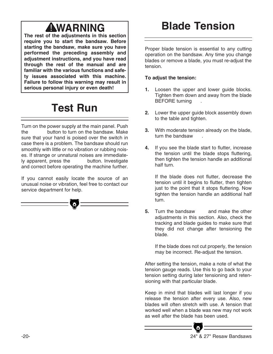 Blade tension, Test run | Grizzly G3619 User Manual | Page 22 / 56