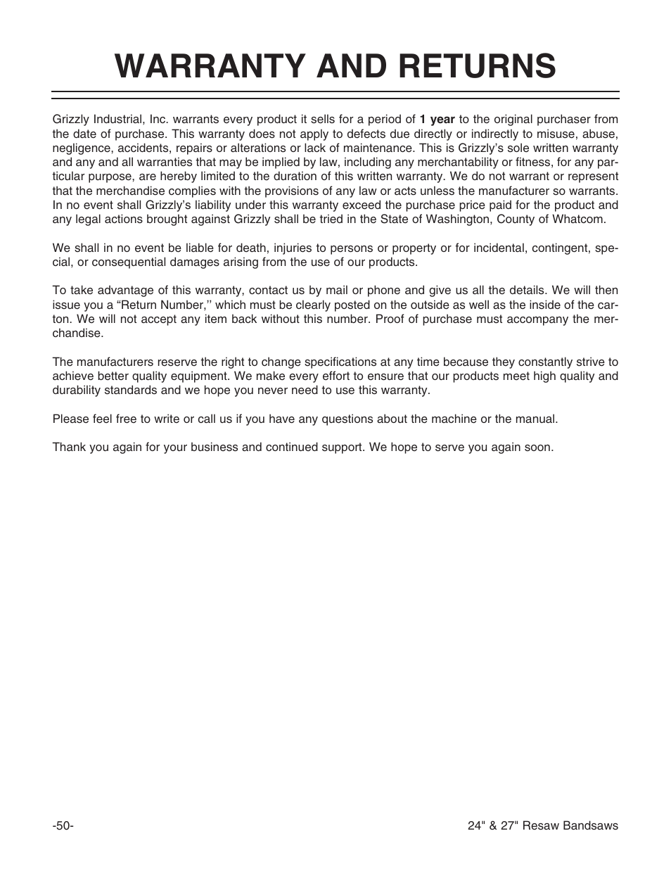 Warranty and returns | Grizzly G3619 User Manual | Page 52 / 56