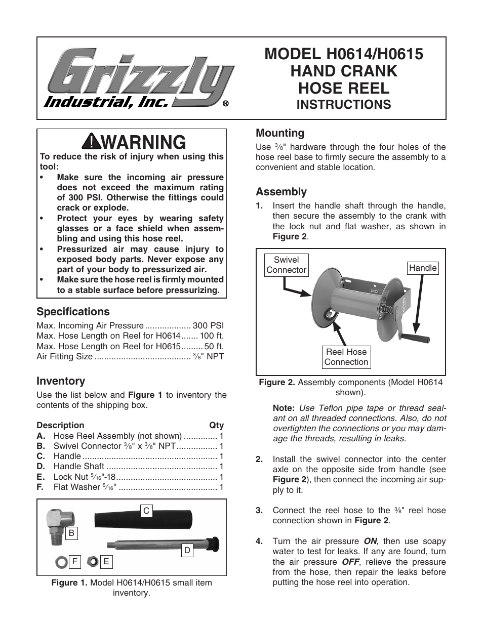 Grizzly Hand Crank Hose Reel H0614 User Manual | 2 pages