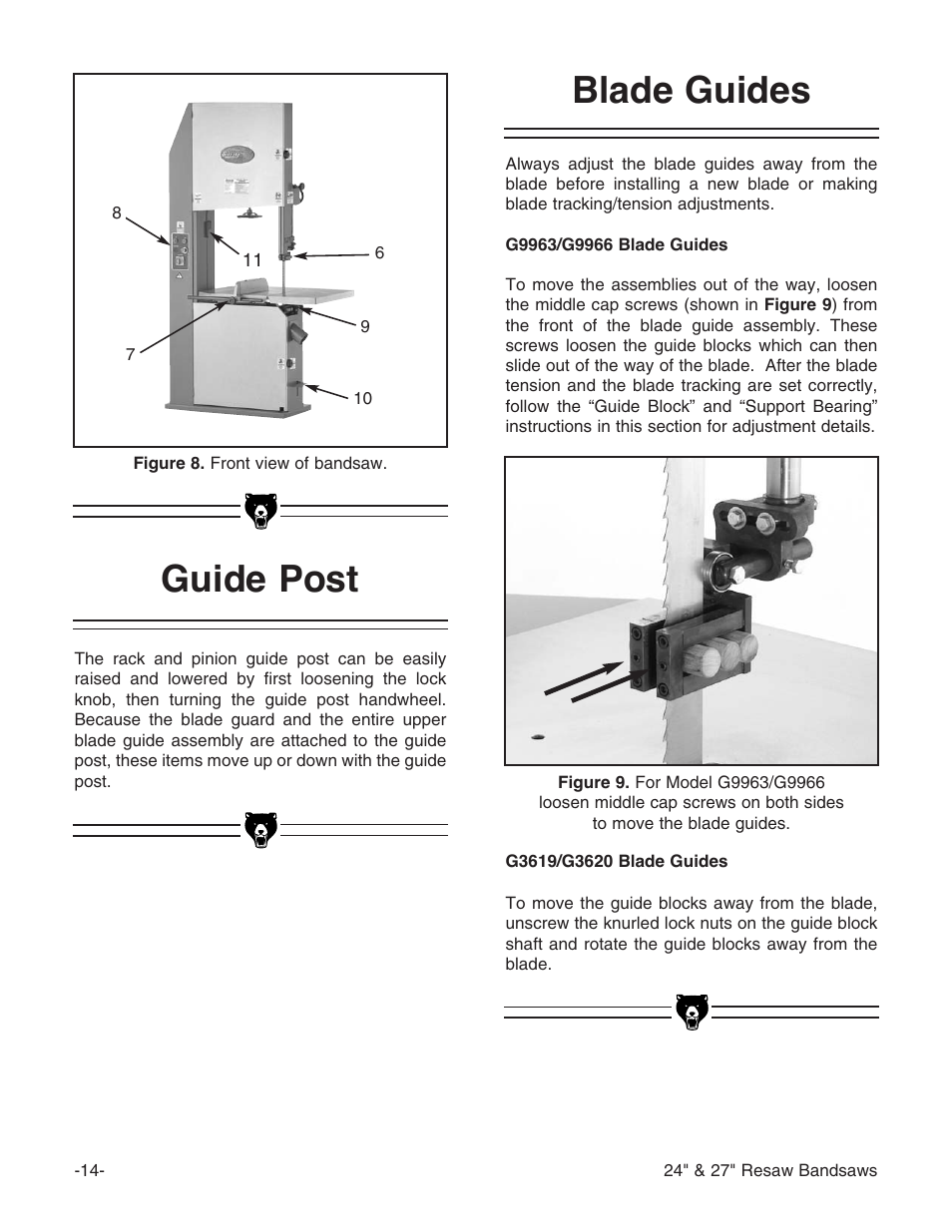 Blade guides, Guide post | Grizzly G9966 User Manual | Page 16 / 56