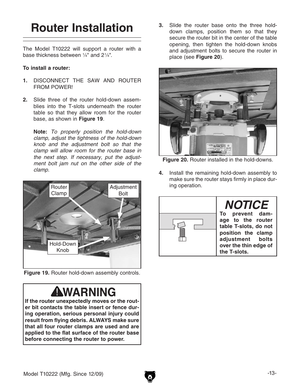 Router installation, Notice | Grizzly T10222 User Manual | Page 15 / 28