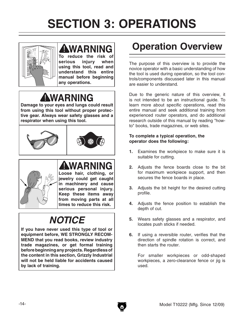 Notice, Operation overview | Grizzly T10222 User Manual | Page 16 / 28