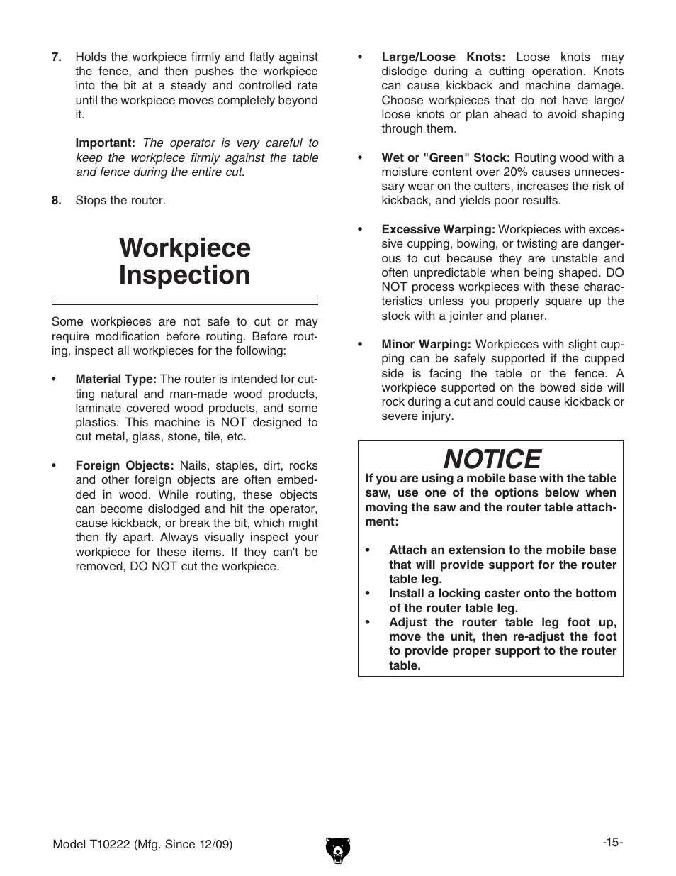 Workpiece inspection, Notice | Grizzly T10222 User Manual | Page 17 / 28