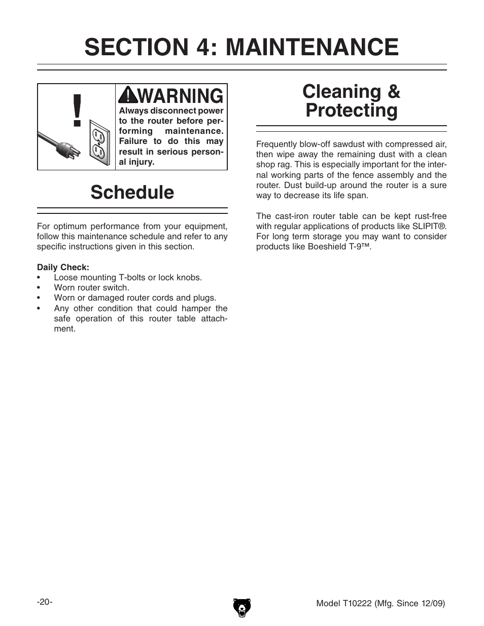 Schedule, Cleaning & protecting | Grizzly T10222 User Manual | Page 22 / 28