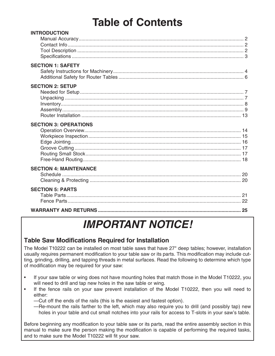 Table of contents important notice | Grizzly T10222 User Manual | Page 3 / 28