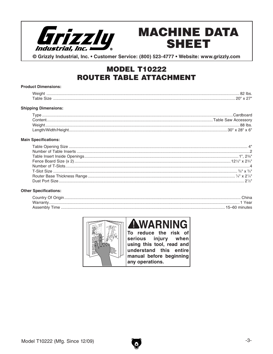 Machine data sheet | Grizzly T10222 User Manual | Page 5 / 28