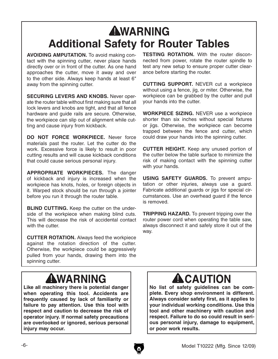 Additional safety for router tables | Grizzly T10222 User Manual | Page 8 / 28