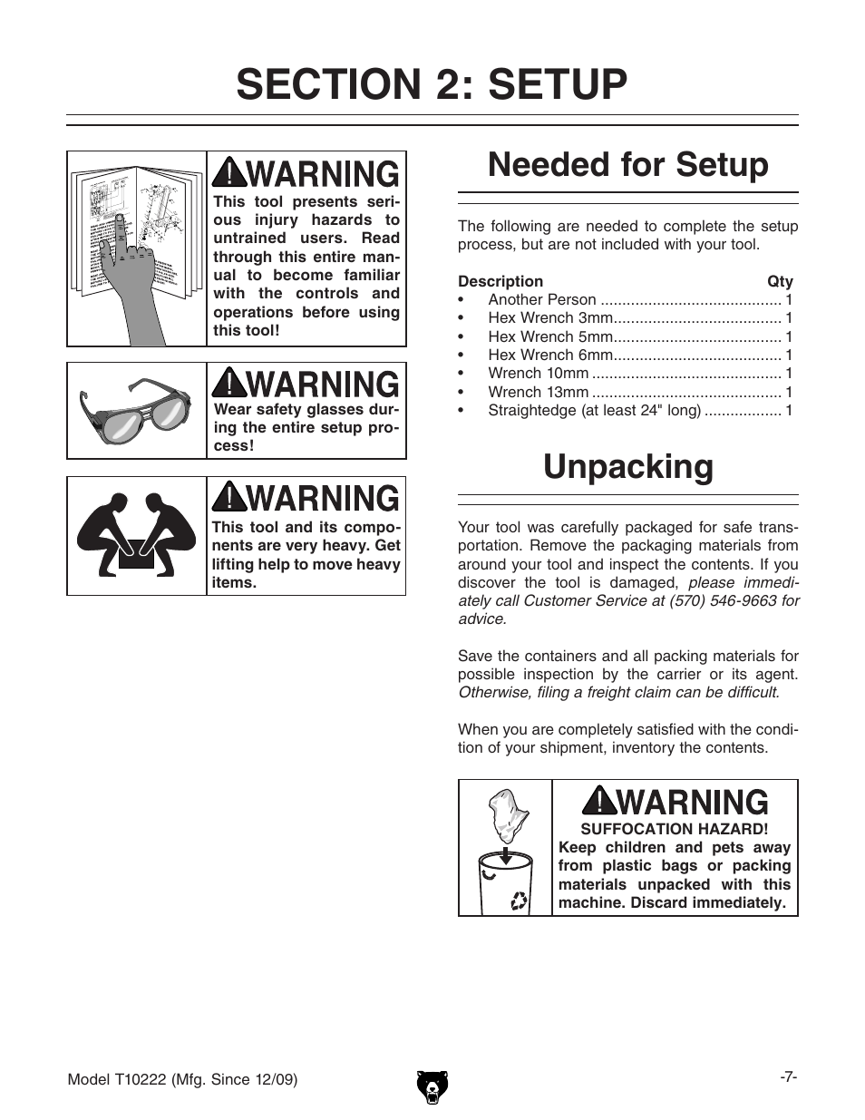 Needed for setup, Unpacking | Grizzly T10222 User Manual | Page 9 / 28