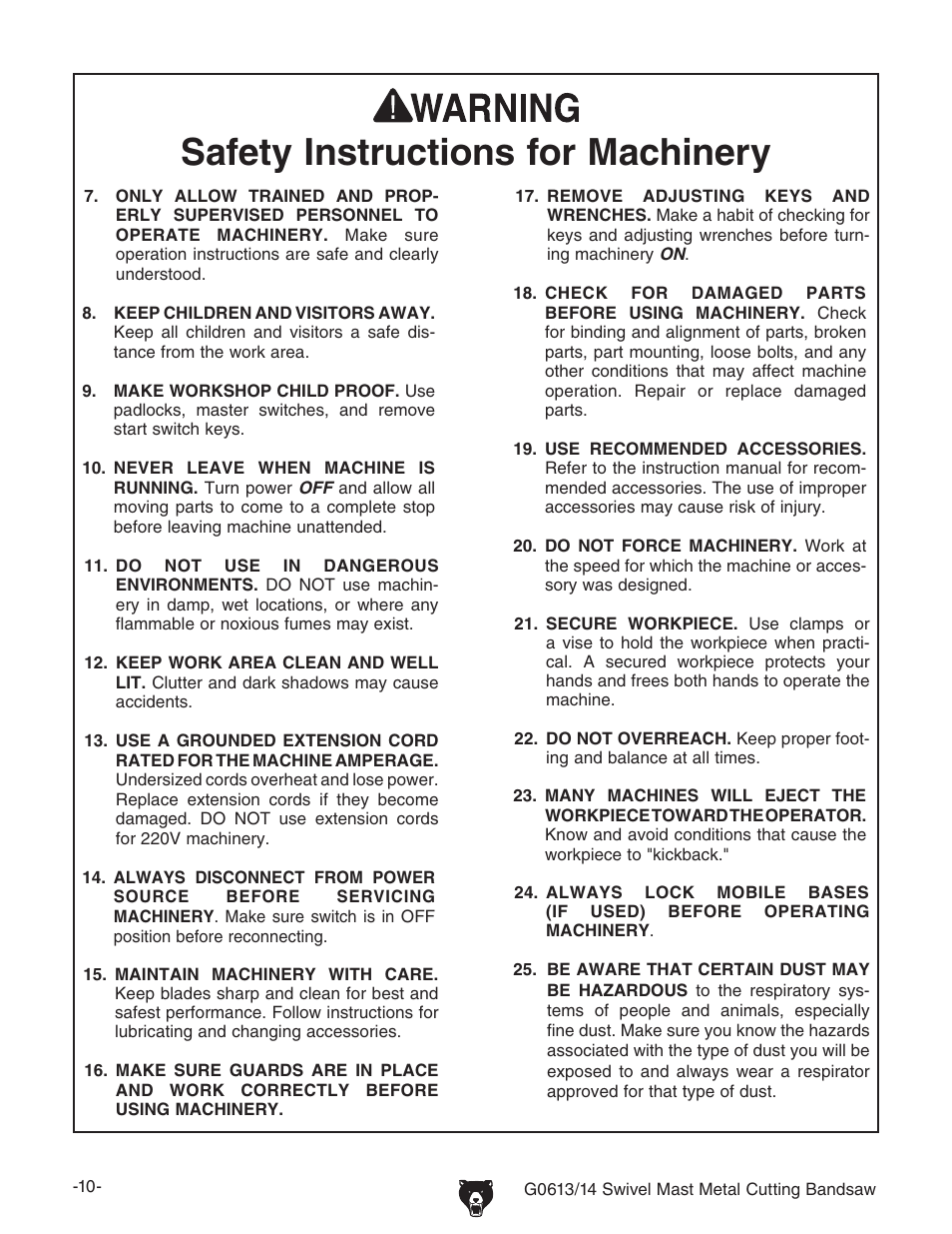 Safety instructions for machinery | Grizzly G0614 User Manual | Page 12 / 68