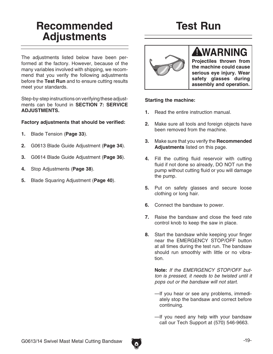 Recommended adjustments, Test run | Grizzly G0614 User Manual | Page 21 / 68
