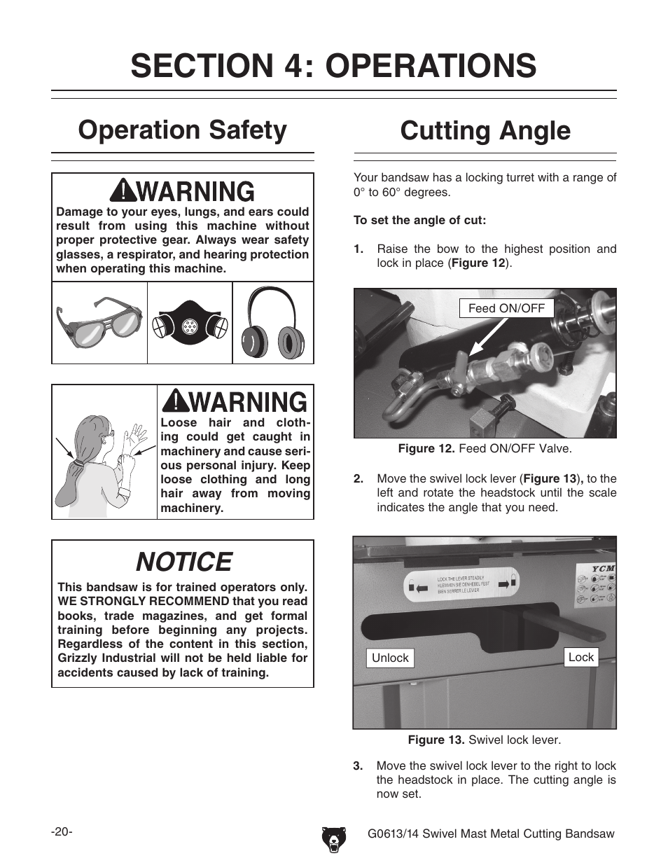 Operation safety, Notice, Cutting angle | Grizzly G0614 User Manual | Page 22 / 68