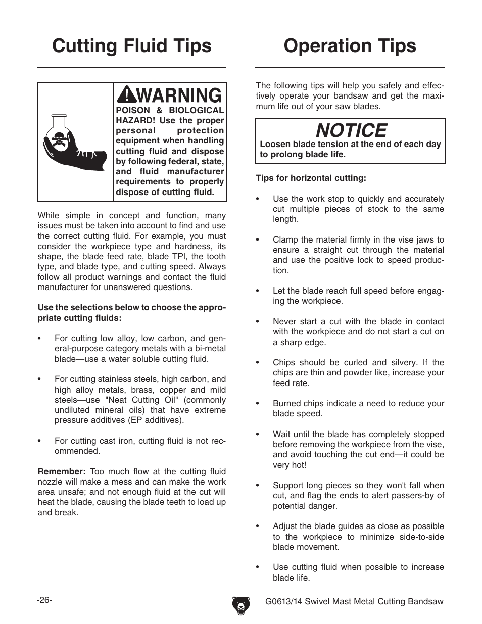 Operation tips, Cutting fluid tips, Notice | Grizzly G0614 User Manual | Page 28 / 68