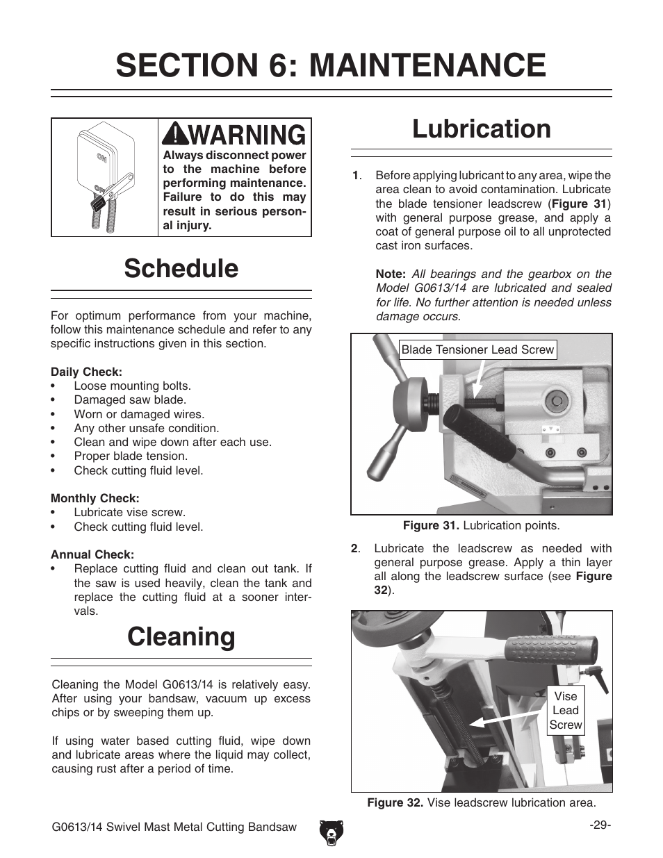 Lubrication, Cleaning, Schedule | Grizzly G0614 User Manual | Page 31 / 68
