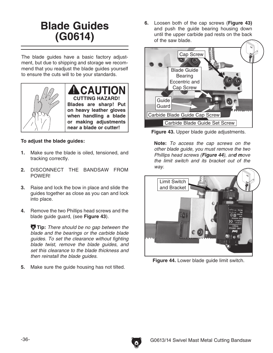 Blade guides (g0614) | Grizzly G0614 User Manual | Page 38 / 68