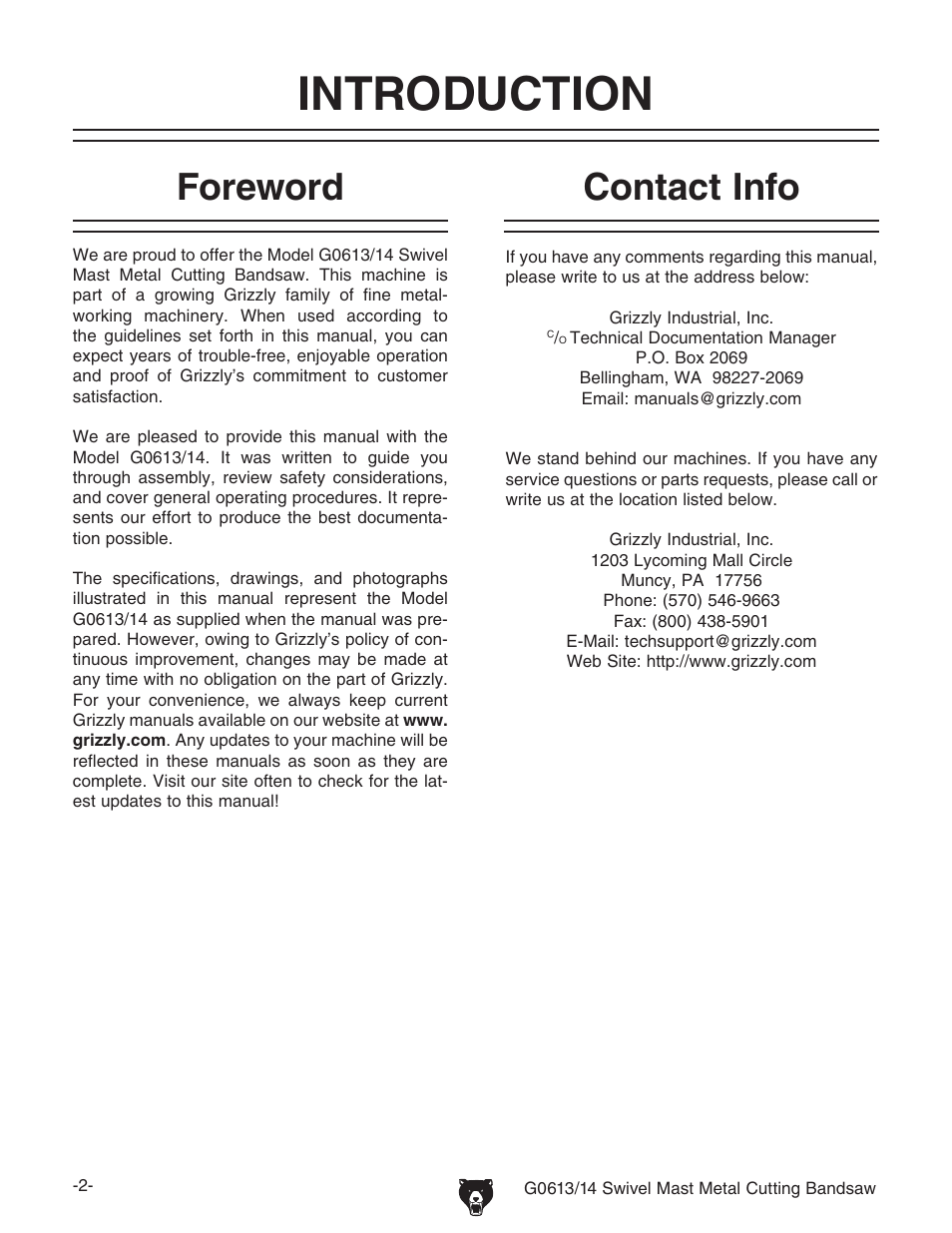 Introduction, Foreword, Contact info | Grizzly G0614 User Manual | Page 4 / 68