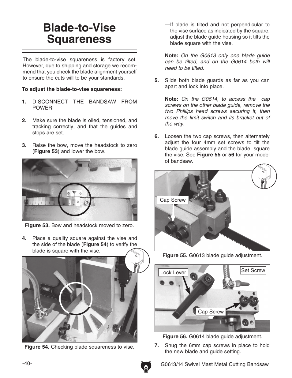 Blade-to-vise squareness | Grizzly G0614 User Manual | Page 42 / 68