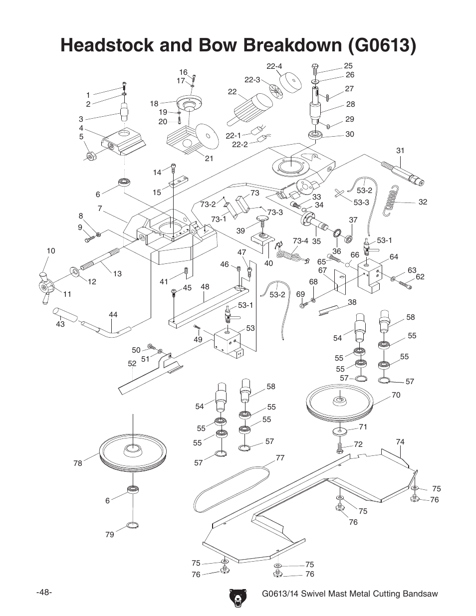 Headstock and bow breakdown (g0613) | Grizzly G0614 User Manual | Page 50 / 68