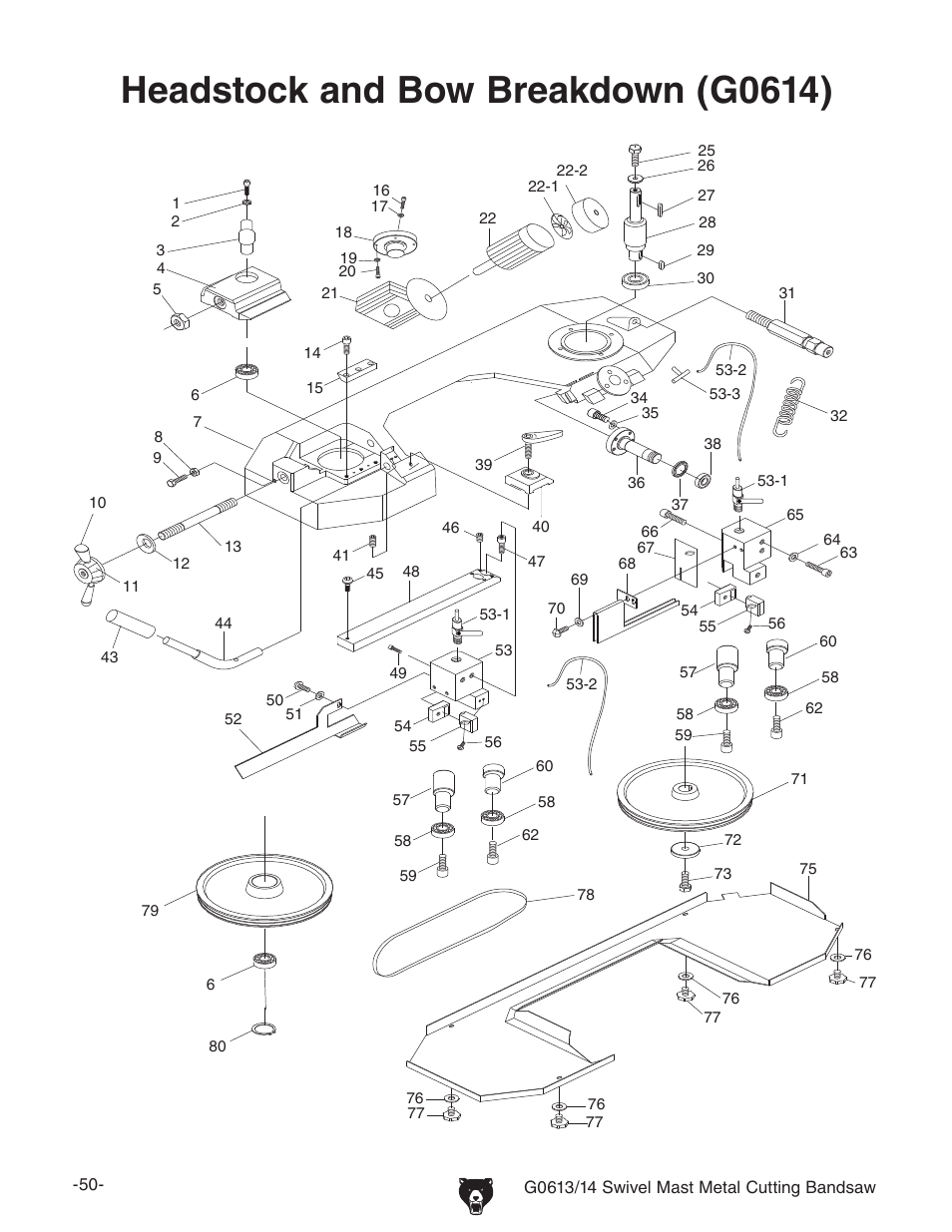 Headstock and bow breakdown (g0614) | Grizzly G0614 User Manual | Page 52 / 68