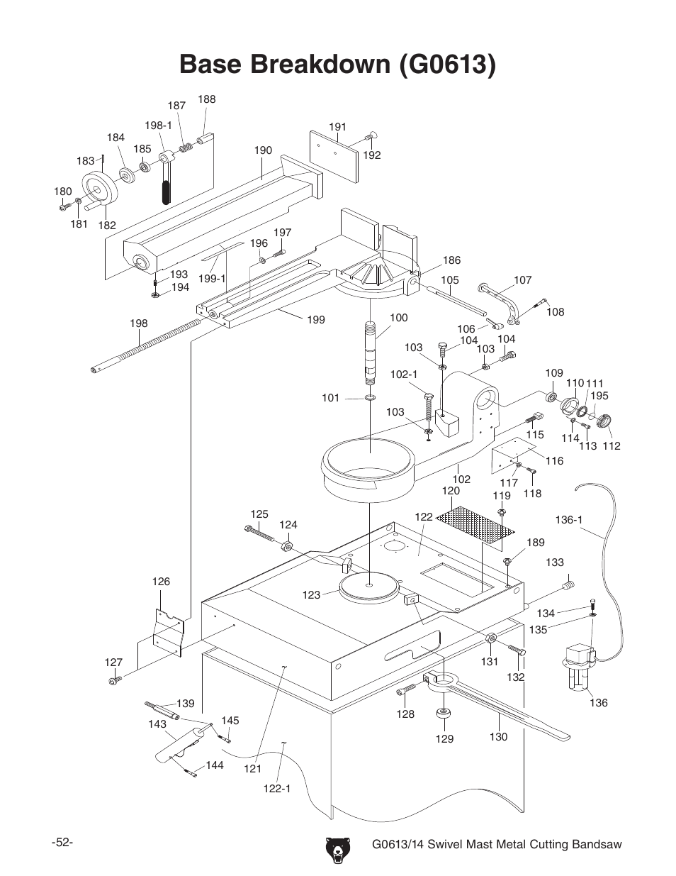 Base breakdown (g0613) | Grizzly G0614 User Manual | Page 54 / 68