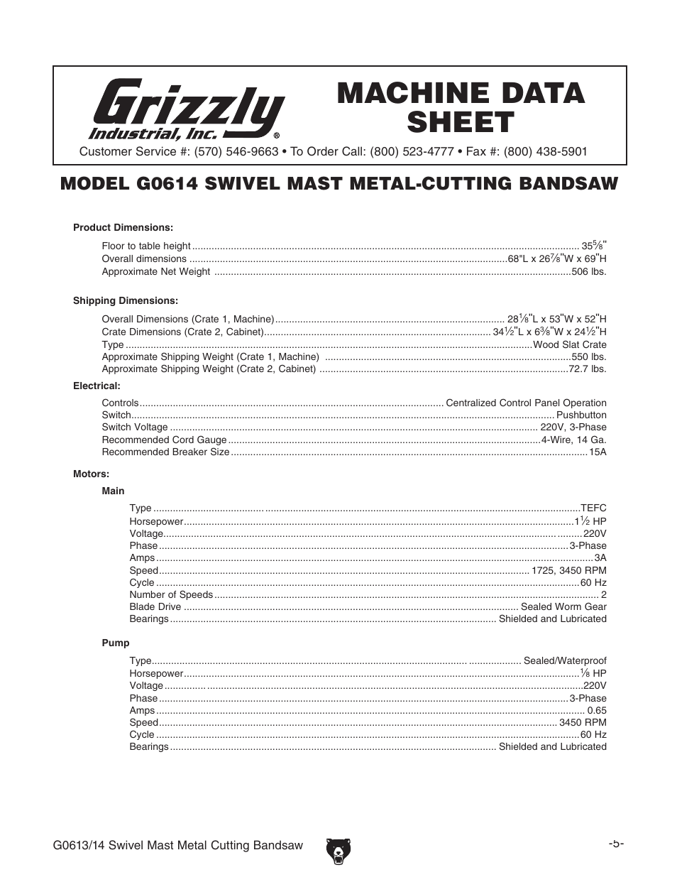 Machine data sheet, Model g0614 swivel mast metal-cutting bandsaw | Grizzly G0614 User Manual | Page 7 / 68